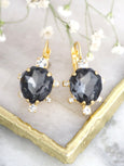 Dark Gray Crystal Earrings, Black Gold Drop Crystal Earrings, Gift For Woman, Swarovski Dark Gray Crystal Earrings
