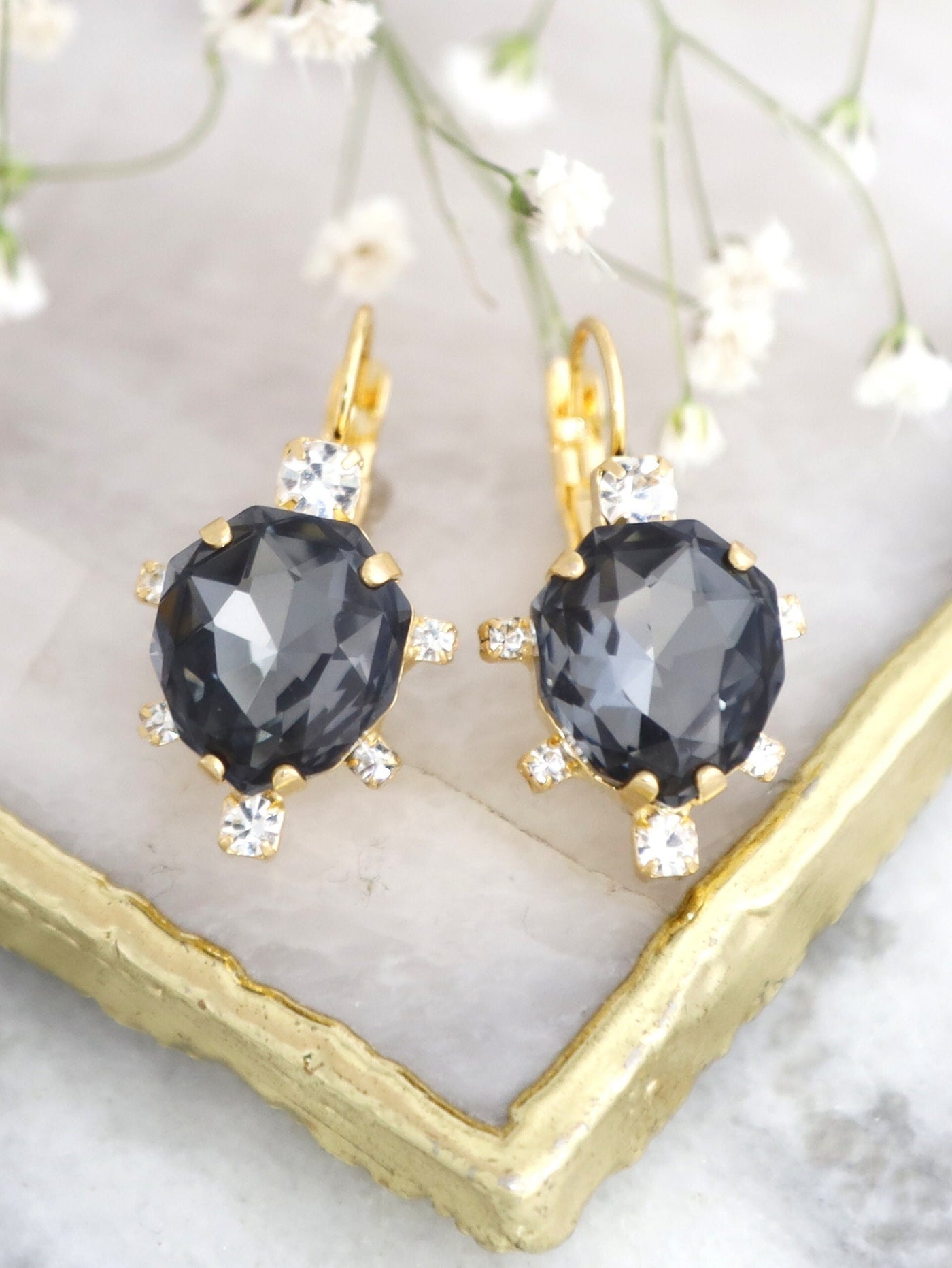 Dark Gray Crystal Earrings, Black Gold Drop Crystal Earrings, Gift For Woman, Swarovski Dark Gray Crystal Earrings