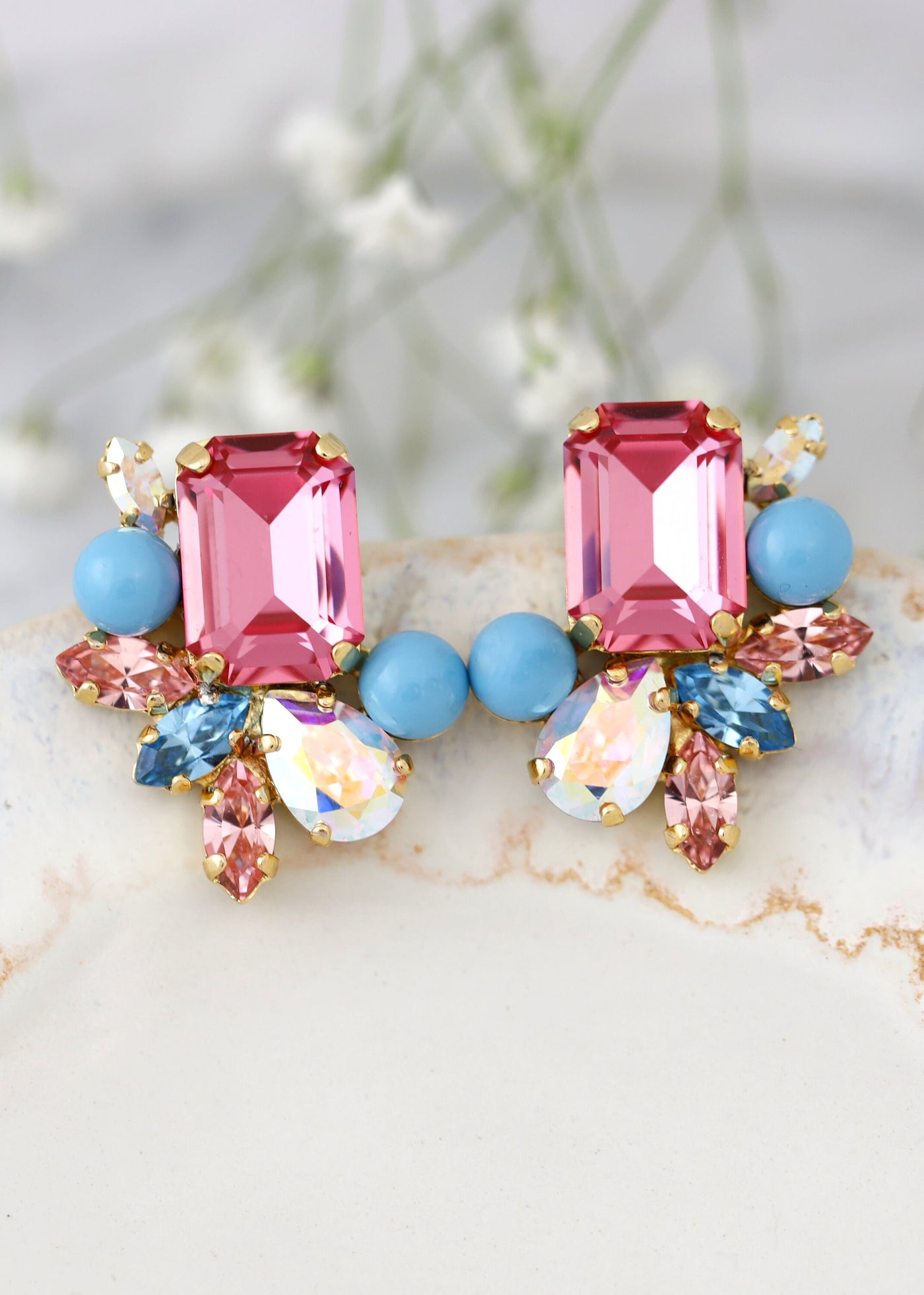 Pink Blue Cluster Crystal Earrings, Blue Pink Swarovski Cluster Earrings, Bridal Rose Pink Crystal Stud Earrings, Gift For Her