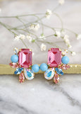 Pink Blue Cluster Crystal Earrings, Blue Pink Swarovski Cluster Earrings, Bridal Rose Pink Crystal Stud Earrings, Gift For Her
