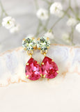 Green Pink Chandelier Earrings, Bridal Pink Green Drop Swarovski Earrings, Bridesmaids Gifts,Pink Crystal Dangle Drop Earrings, Gift For Her