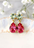 Green Pink Chandelier Earrings, Bridal Pink Green Drop Swarovski Earrings, Bridesmaids Gifts,Pink Crystal Dangle Drop Earrings, Gift For Her