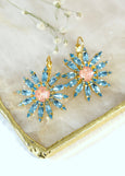 Flower Crystal Earrings, Bridal Blue Pink Drop Earrings, Daisy Crystal Earrings, Bridal Spring Earrings, Gift For Mother, Flower Earrings