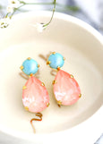 Flamingo Pink Crystal Earrings, Pink Turquoise Stud Earrings, Bridesmaids Earrings, Pink Ballet Earrings, Pink Blue Earrings, Gift For Her