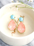 Flamingo Pink Crystal Earrings, Pink Turquoise Stud Earrings, Bridesmaids Earrings, Pink Ballet Earrings, Pink Blue Earrings, Gift For Her