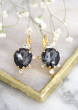 Dark Gray Crystal Earrings, Black Gold Drop Crystal Earrings, Gift For Woman, Swarovski Dark Gray Crystal Earrings
