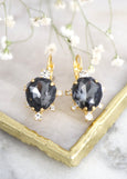 Dark Gray Crystal Earrings, Black Gold Drop Crystal Earrings, Gift For Woman, Swarovski Dark Gray Crystal Earrings