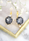 Dark Gray Crystal Earrings, Black Gold Drop Crystal Earrings, Gift For Woman, Swarovski Dark Gray Crystal Earrings
