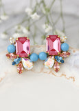 Pink Blue Cluster Crystal Earrings, Blue Pink Swarovski Cluster Earrings, Bridal Rose Pink Crystal Stud Earrings, Gift For Her