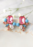 Pink Blue Cluster Crystal Earrings, Blue Pink Swarovski Cluster Earrings, Bridal Rose Pink Crystal Stud Earrings, Gift For Her