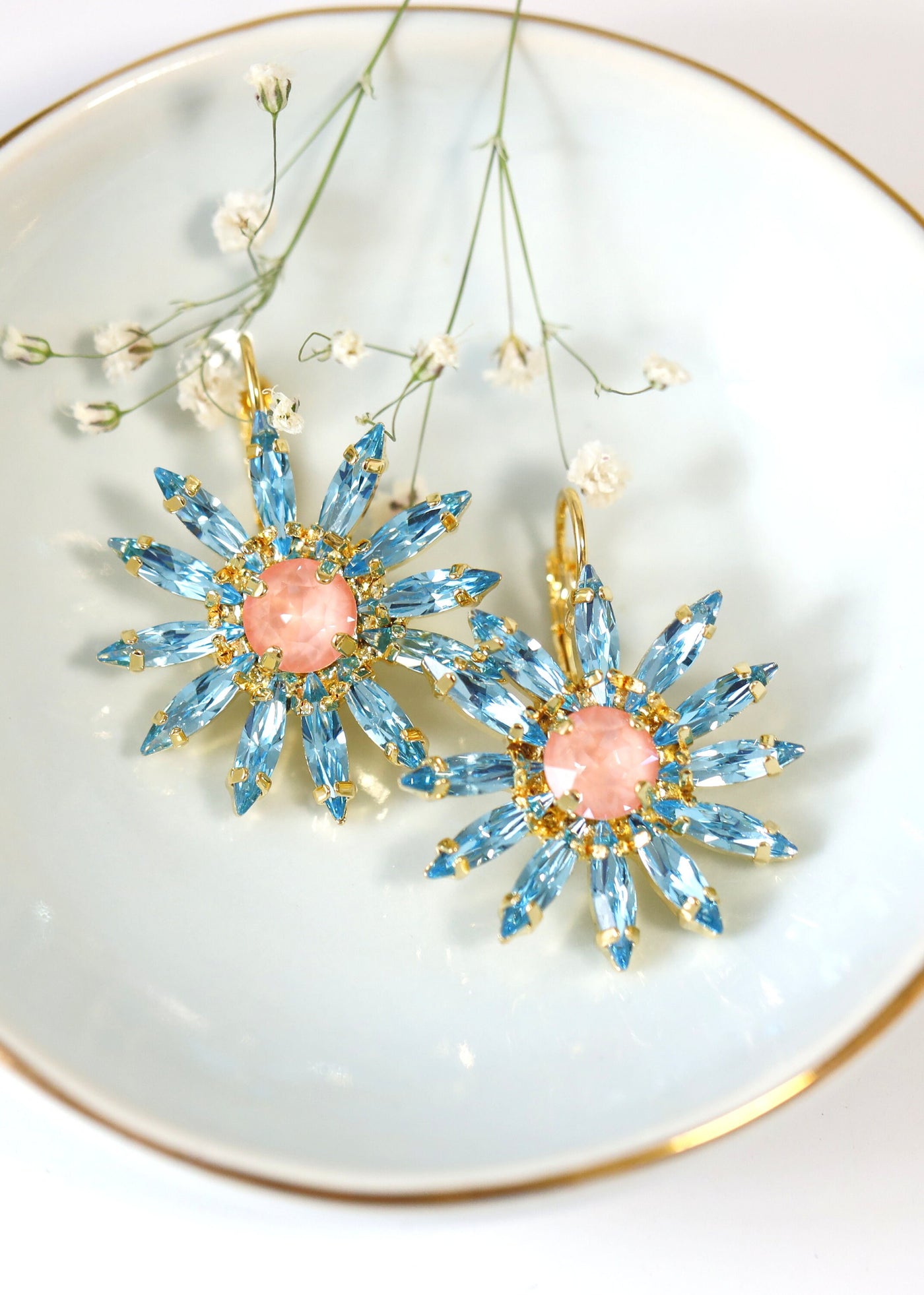 Flower Crystal Earrings, Bridal Blue Pink Drop Earrings, Daisy Crystal Earrings, Bridal Spring Earrings, Gift For Mother, Flower Earrings