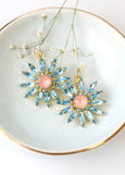 Flower Crystal Earrings, Bridal Blue Pink Drop Earrings, Daisy Crystal Earrings, Bridal Spring Earrings, Gift For Mother, Flower Earrings