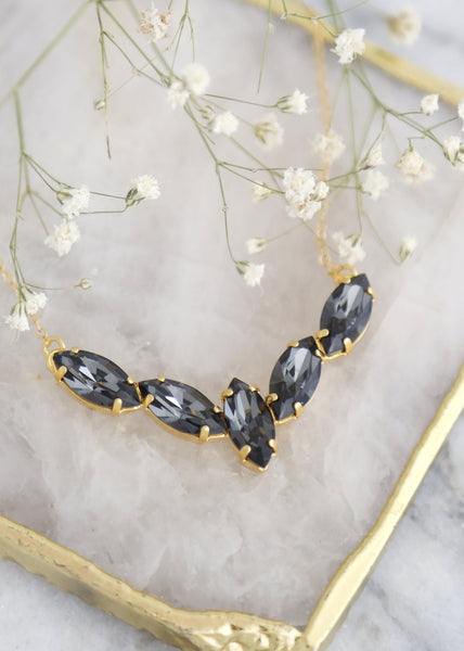 Gray Swarovski Crystal Necklace, Bridal Dark Gray Gold Necklace, Everyday Gold Crystal Necklace, Bridesmaids Necklaces, Gray Gold Necklace