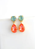 Orange Crystal Drop Earrings, Orange Green Dangle Crystal Wedding Earrings, Bridal Sage Green Burnt Ornage Classic Bridesmaid Earrings,