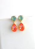 Orange Crystal Drop Earrings, Orange Green Dangle Crystal Wedding Earrings, Bridal Sage Green Burnt Ornage Classic Bridesmaid Earrings,