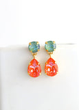 Orange Crystal Drop Earrings, Orange Green Dangle Crystal Wedding Earrings, Bridal Sage Green Burnt Ornage Classic Bridesmaid Earrings,