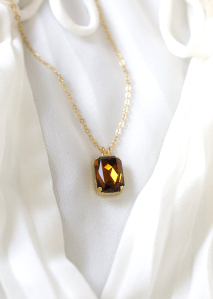 Browne Crystal Necklace, Brown Smoky Quartz Gold Or Silver Necklace, Brown Emerlad Cut Crytsal Necklace, Gift for her, Handmade Gift