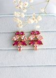 Pink Cluster Crystal Earrings, Hot Pink Fuchsia Crystal Earrings, Bridal Pink Crystal Stud Earrings, Magenta Crystal Cluster Earrings