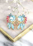 Blue Pink Crystal Earrings, Aquamarine Cluster Handmade Earrings, Bridesmaids Earrings, Aquamarine Pink Crystal Bridal Stud Earrings