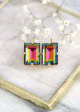 Peacock Crystal Earrings, Rainbow Crystal Drop Earrings, Peacock Drop Earrings, Green Pink Crystal Earrings, Handmade Gift For Her
