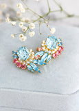 Blue Pink Crystal Earrings, Aquamarine Cluster Handmade Earrings, Bridesmaids Earrings, Aquamarine Pink Crystal Bridal Stud Earrings
