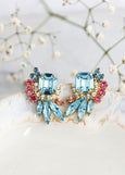 Blue Pink Crystal Earrings, Aquamarine Cluster Handmade Earrings, Bridesmaids Earrings, Aquamarine Pink Crystal Bridal Stud Earrings