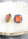 Orange Blue Stud Earrings, Orange Crystal Gold Stud Earrings, Blue Orange earrings, Bridesmaids jewelry, Burnt Orange Crystal Earrings