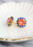 Orange Blue Stud Earrings, Orange Crystal Gold Stud Earrings, Blue Orange earrings, Bridesmaids jewelry, Burnt Orange Crystal Earrings