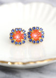 Orange Blue Stud Earrings, Orange Crystal Gold Stud Earrings, Blue Orange earrings, Bridesmaids jewelry, Burnt Orange Crystal Earrings