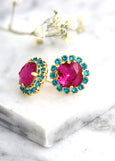 Hot Pink Crystal Stud Earrings, Fuchsia Pink Blue Teal Crystal Earrings, Hot Pink Earrings, Bridesmaids Earrings, Birthday Gift For Her