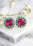 Hot Pink Crystal Stud Earrings, Fuchsia Pink Blue Teal Crystal Earrings, Hot Pink Earrings, Bridesmaids Earrings, Birthday Gift For Her