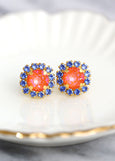 Orange Blue Stud Earrings, Orange Crystal Gold Stud Earrings, Blue Orange earrings, Bridesmaids jewelry, Burnt Orange Crystal Earrings