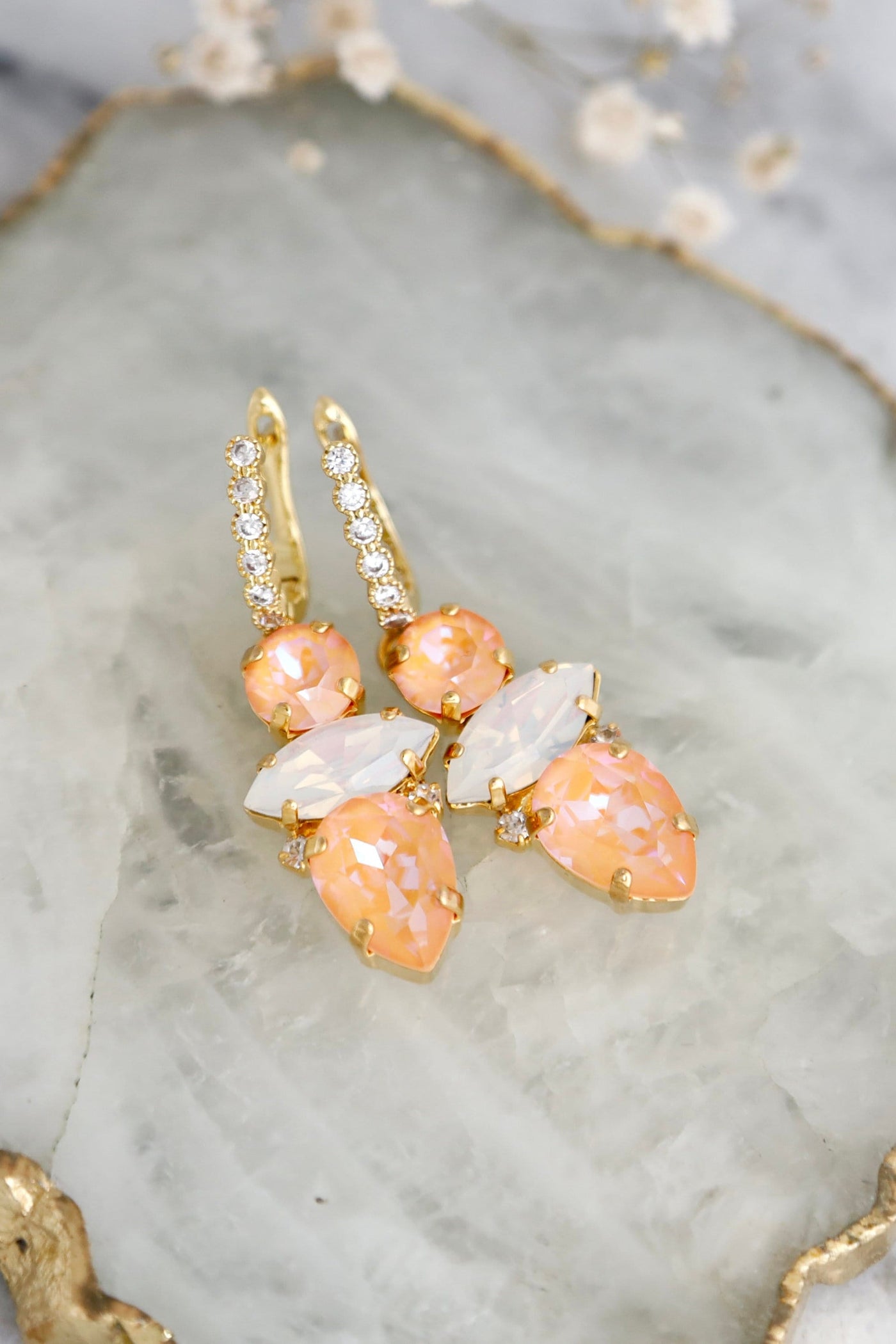 Peach Crystal Drop Earrings, Light Peach Huggie Earrings, Peach Fuzz Drop Earrings, Bridal Peach Swarovski Earrings, Peach Huggie Earrings