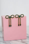 Emerald Green Crystal Earrings, Bow Earrings, Emerald Crystal Drop Earrings, Bridal Bow Crystal Earrings, Green Tassel Crystal Earrings.