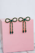 Emerald Green Crystal Earrings, Bow Earrings, Emerald Crystal Drop Earrings, Bridal Bow Crystal Earrings, Green Tassel Crystal Earrings.