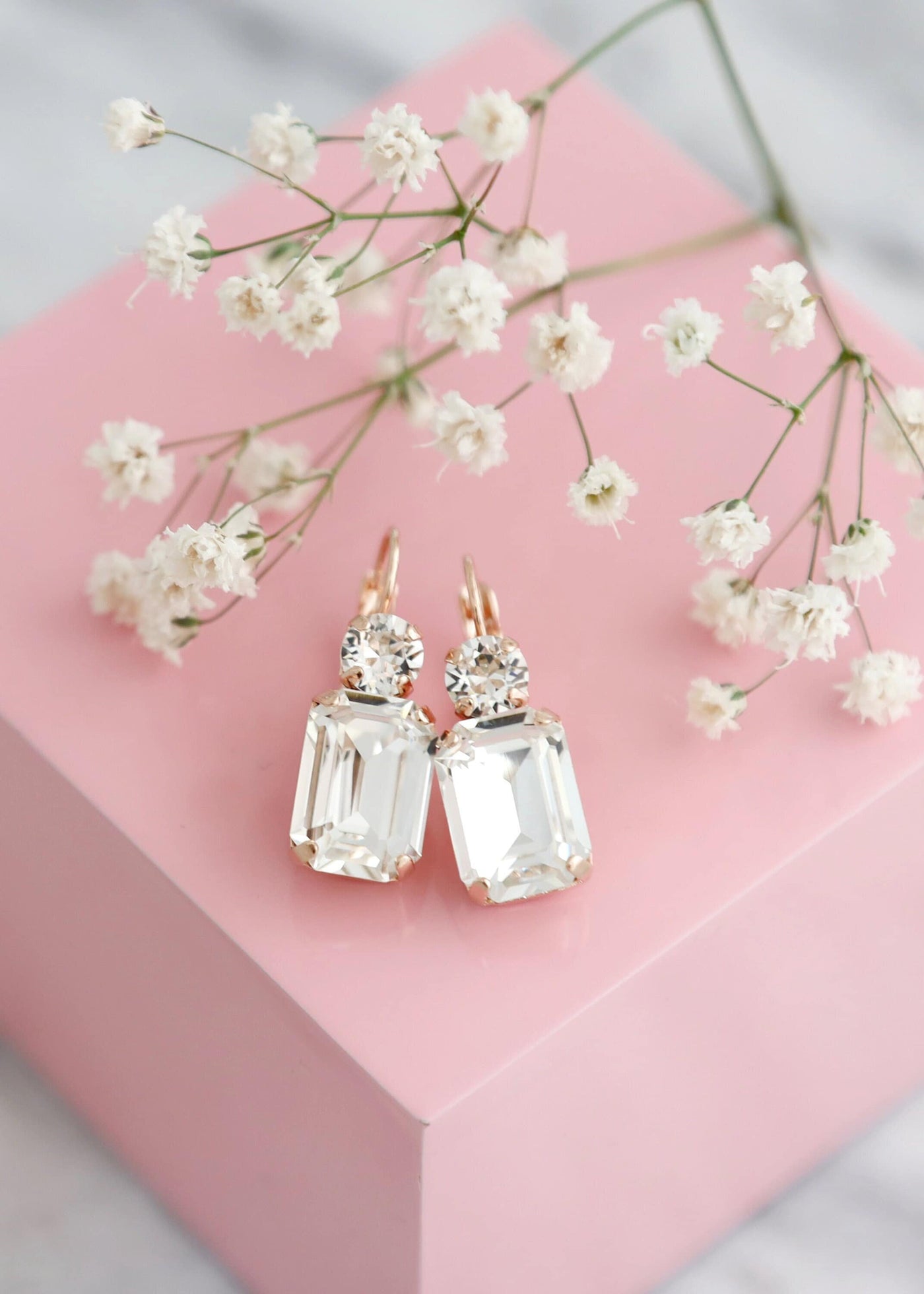 Bridal Crystal Gold Earrings, Emerald Cut Bridal Earrings, Swarovski Crystal Classic Earrings, Wedding Bridal Drop Earrings, Gift For Woman