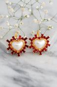 Heart Drop Crystal Earrings, Pearl Heart Red Ruby Crystal Drop Earrings, White Pearl Lever back Crystal Earrings, Heart Drop Earrings.