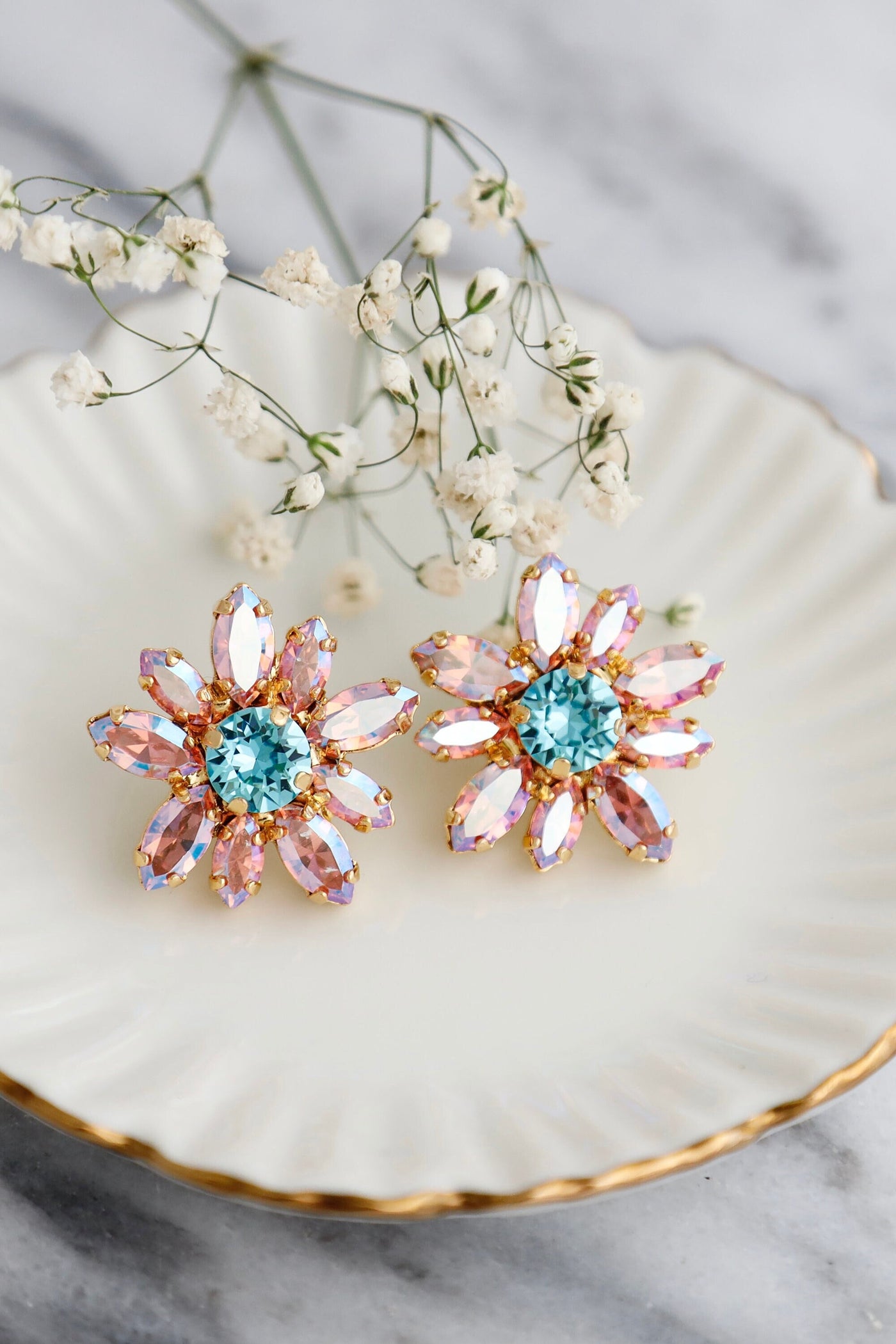 Flower Crystlal Stud Earrings, Pink Blue Crystal Stud Earrings, Summer Spring Bridal Earrings, Bridesmaids Light Pink Earrings, GifT For Her