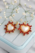 Heart Drop Crystal Earrings, Pearl Heart Red Ruby Crystal Drop Earrings, White Pearl Lever back Crystal Earrings, Heart Drop Earrings.