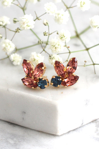 Blush Navy Blue Earrings, Bridesmaids Earrings, Pink Blue Earrings, Navy Blue Blush Stud Earrings, Gift For Her, Something Blue Earrings