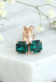 Emerald Earrings, Emerald Drop Earrings, Dark Green Earrings, Bridal Emerald Earrings, Rose Gold Earrings, Princess Cut Crystal Earrings