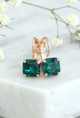 Emerald Earrings, Emerald Drop Earrings, Dark Green Earrings, Bridal Emerald Earrings, Rose Gold Earrings, Princess Cut Crystal Earrings