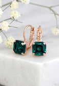 Emerald Earrings, Emerald Drop Earrings, Dark Green Earrings, Bridal Emerald Earrings, Rose Gold Earrings, Princess Cut Crystal Earrings