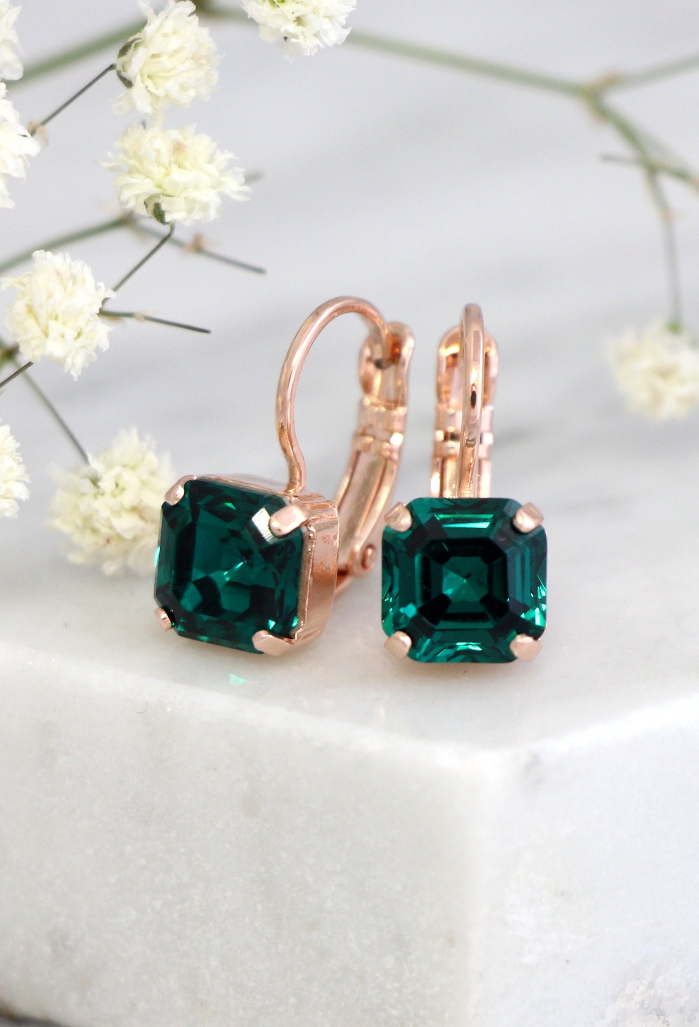 Emerald Earrings, Emerald Drop Earrings, Dark Green Earrings, Bridal Emerald Earrings, Rose Gold Earrings, Princess Cut Crystal Earrings