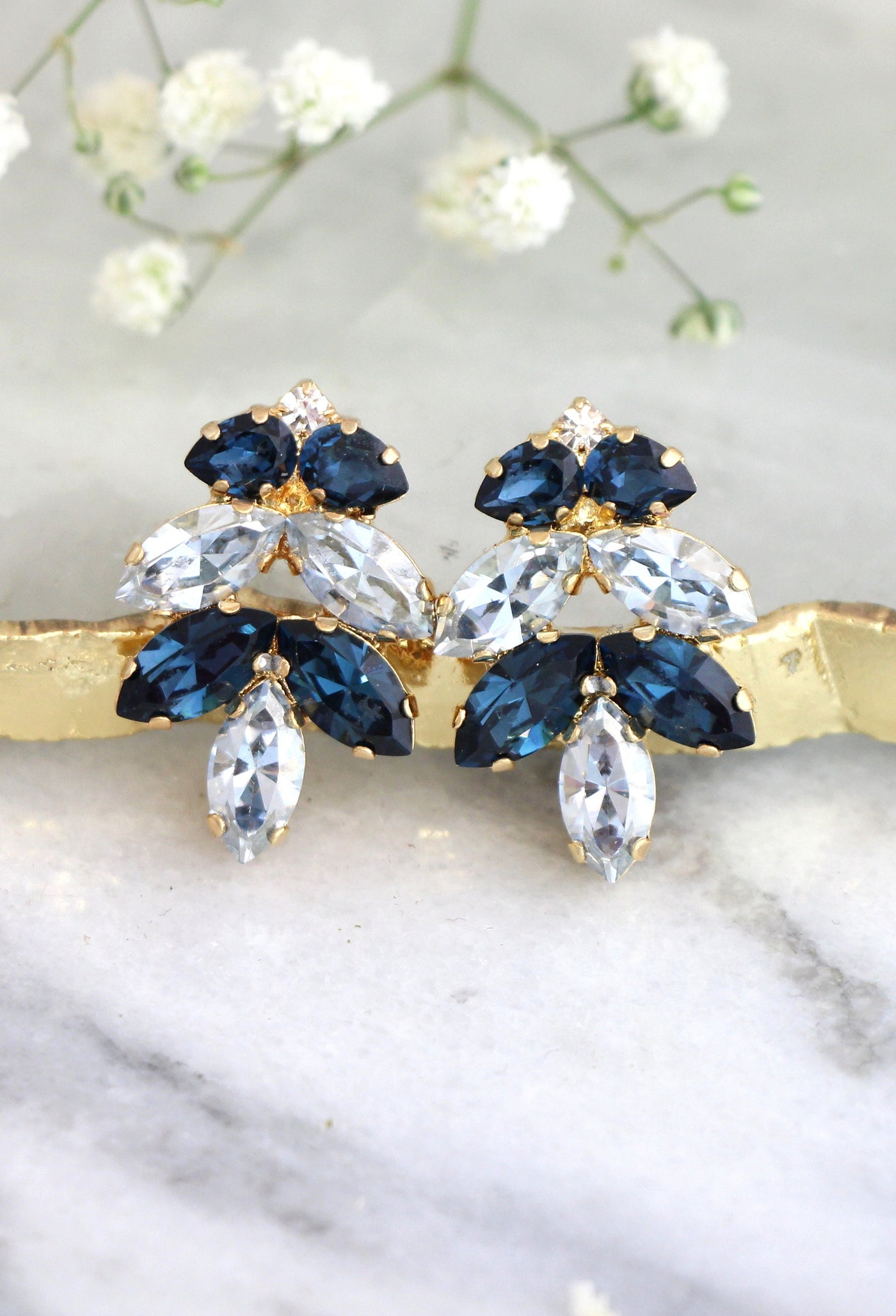 Dusty Blue Cluster Bridal Earrings, Blue Navy Crystal Earrings, Blue Navy Crystal Stud Earrings, Bridesmaids Earrings, Gift For Her