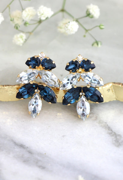 Dusty Blue Cluster Bridal Earrings, Blue Navy Crystal Earrings, Blue Navy Crystal Stud Earrings, Bridesmaids Earrings, Gift For Her