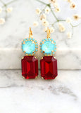 Red Ruby Drop Earrings, Red Green Earrings, Red Turquoise Earrings, Red Blue Statement Earrings, Gift For Woman, Red Crystal Earrings