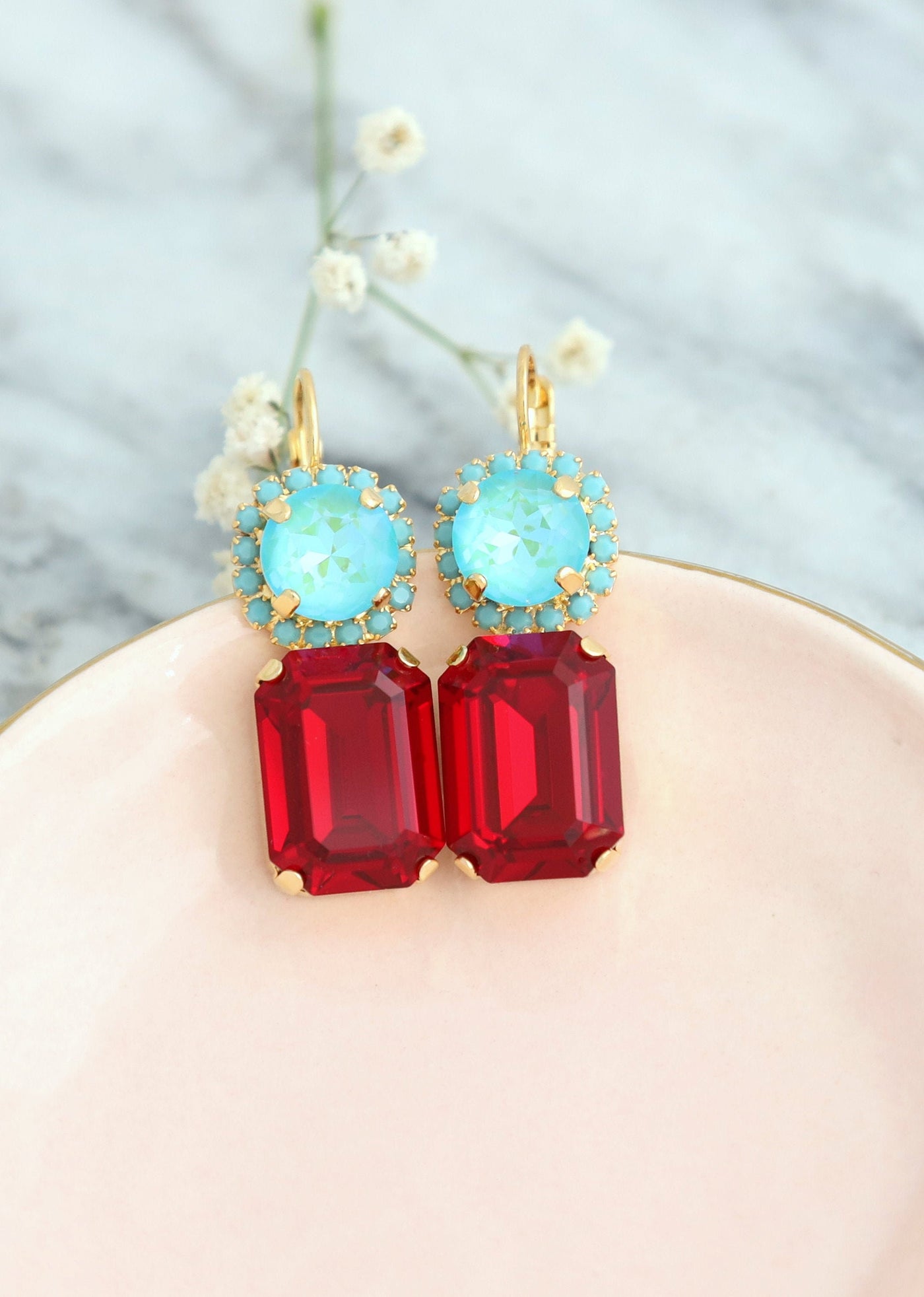 Red Ruby Drop Earrings, Red Green Earrings, Red Turquoise Earrings, Red Blue Statement Earrings, Gift For Woman, Red Crystal Earrings