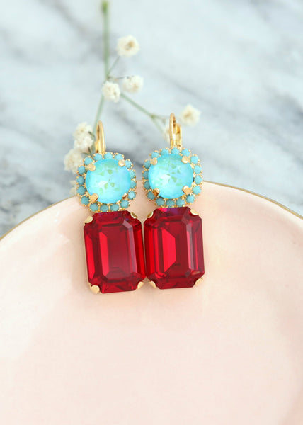 Red Ruby Drop Earrings, Red Green Earrings, Red Turquoise Earrings, Red Blue Statement Earrings, Gift For Woman, Red Crystal Earrings