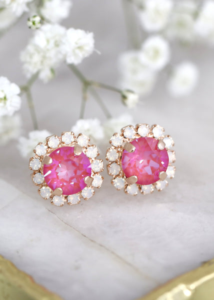 Pink Earrings, Pink Crystal Gold Stud Earrings, Pink stud pink earrings, Bridesmaids jewelry, Crystal Pink Earrings Handmade Gift For Her